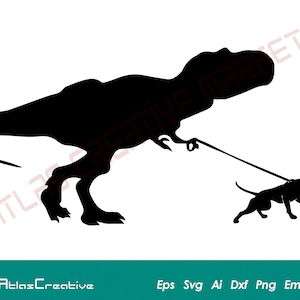 Dinosaurier Walking Dog SVG, T-Rex Walking American PitBull, einzigartiger Hund Walking Companion, digitaler Aufkleber, Png, Dxf, Psd, Emf, Eps, Ai und SVG