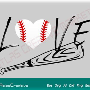 Peut inclure: Conception graphique en noir et blanc du mot « LOVE » avec un ballon de baseball en forme de cœur et une batte de baseball en dessous.