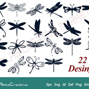 May include: A set of 22 black and white dragonfly silhouette designs. The designs are in various poses and styles, including some with intricate details. The text "22 Desings" is at the bottom of the image.