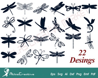 Dragonfly SVG (22) Bundle, Insect svg, Vecteur libellule, Téléchargement instantané, Libellules, fichier de coupe d’ailes, Png, Dxf, Psd, Emf, Eps, Ai et Svg
