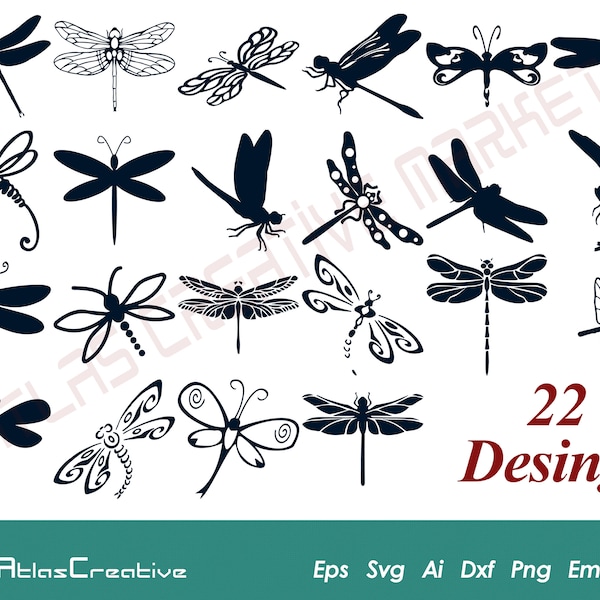 Dragonfly SVG (22) Bundle, Insect svg, Dragonfly vector, Instant Download, Dragonflies, wings cut file, Png, Dxf, Psd, Emf, Eps, Ai and Svg