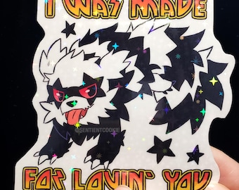 Galar Zigzagoon Lovin' You KISS Band Sticker. 3 "x 3" Holografisch funkelnder Vinyl-Aufkleber zum Sammeln.