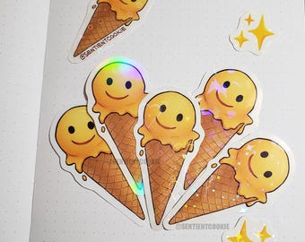 Schmelzendes Smiley Eiswaffel Emoji Holographischer Vinyl Aufkleber