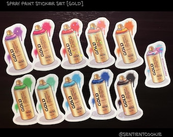 Sprühfarbe kann Graffiti Gold Vinyl Holografisch 2,8 "x 1,6" Sammler Aufkleber Set von 10.