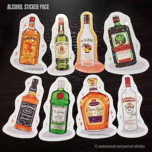 Alcohol Bottle Stickers. Hand Drawn Alcoholic Drinks Vinyl Holographic Collectible Stickers.