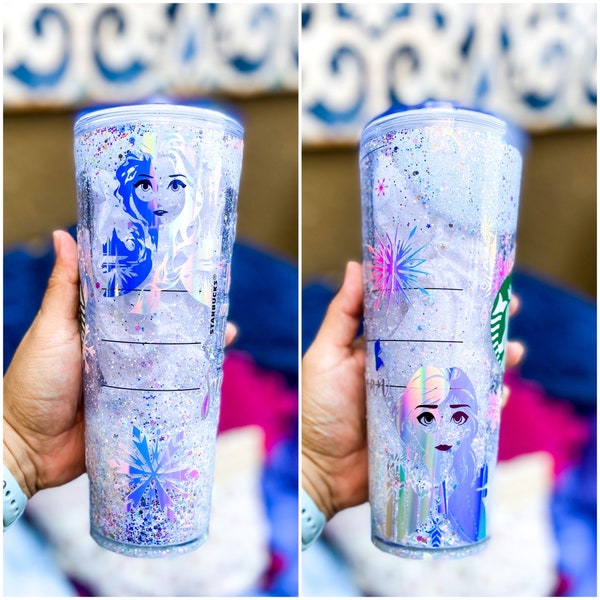 Custom Starbucks Floating Glitter Tumbler Snowglobe, Snowflakes Iridescent Glitter Frozen Inspired Elsa and Anna