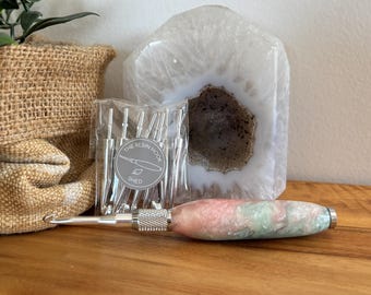 Standard Crochet Hook Set – Pastel Pink & Mint with Silver Flakes | Interchangeable Hooks | Silver 6