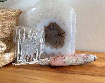 Standard Crochet Hook Set – Pastel Pink & Sage with Copper Flakes | Interchangeable Hooks | Silver 9