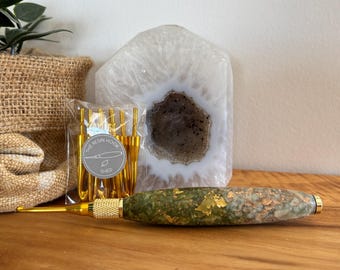 Long Crochet Hook Set – Olive & Sage with Gold Flakes | Interchangeable Hooks | Gold 4