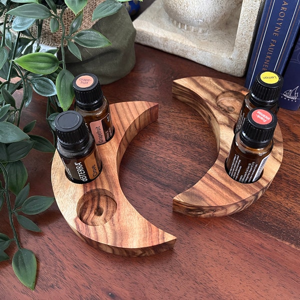 Moon Essential Oil Holder | Holds 3 Oils | Oil Storage Display | 5ml, 10ml, 15ml Bottles | Camphor Laurel Timber