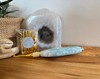 Long Crochet Hook Set – Pastel Blue & White with Gold Flakes | Interchangeable Hooks | Gold 27