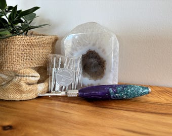 Long Crochet Hook Set – Dark Purple & Teal with Silver Flakes | Interchangeable Hooks | Silver 15