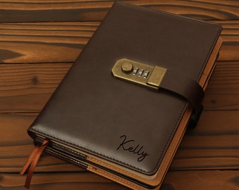 Cuaderno con candado personalizado: Cuaderno de códigos A5 rayado, de cuero sintético. Regalo ideal.