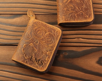 Personalized Leather Zipper Wallet: Embossed Card & Cash Wallet