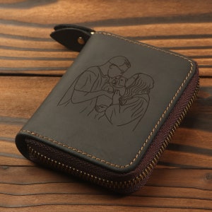 May include: A black leather zippered wallet with a personalized engraved design of a couple and their pet. The wallet has brown stitching and a gold zipper.