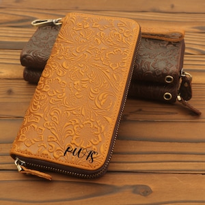 Portefeuille long personnalisé avec fermeture éclair, anniversaire, cadeau d'anniversaire, long portefeuille à motif floral en relief, sac à main en cuir avec lanière, cadeau pour femme, homme