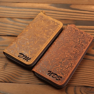 Personalized Leather Wallets, Long Rustic Leather Wallet for Daughter, Woman, Handcrafted Floral Embossed Leather Wallets