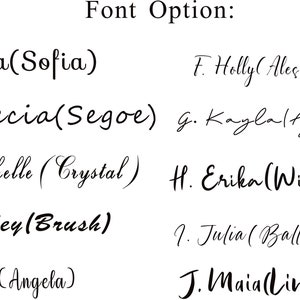 May include: A graphic showing 10 different font styles, each with a letter and a name in parentheses. The fonts are all cursive and handwritten.