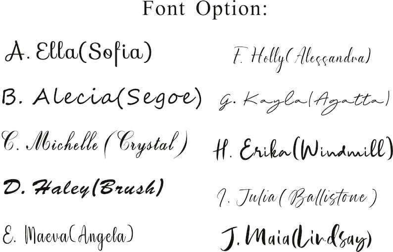May include: A graphic showing 10 different font styles, each with a letter and a name in parentheses. The fonts are all cursive and handwritten.