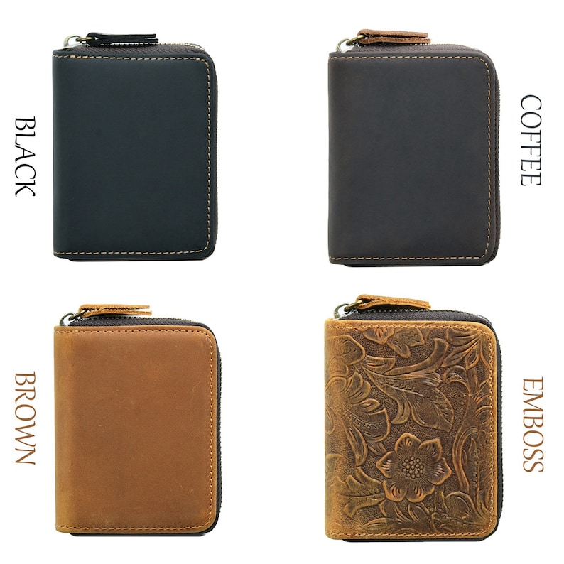 May include: Four leather wallets with zipper closures. The wallets are in black, brown, coffee, and embossed brown colors. The embossed brown wallet has a floral pattern.