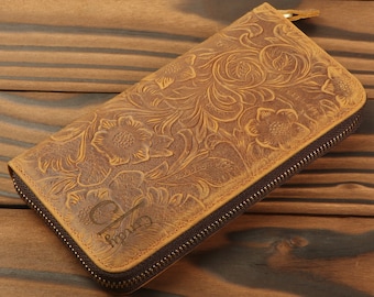 Embossed Long Wallet Fit for Phone, Wallet with String, Personalized Rustic Leather Wallets, Gift for Mom, Daughter, Women