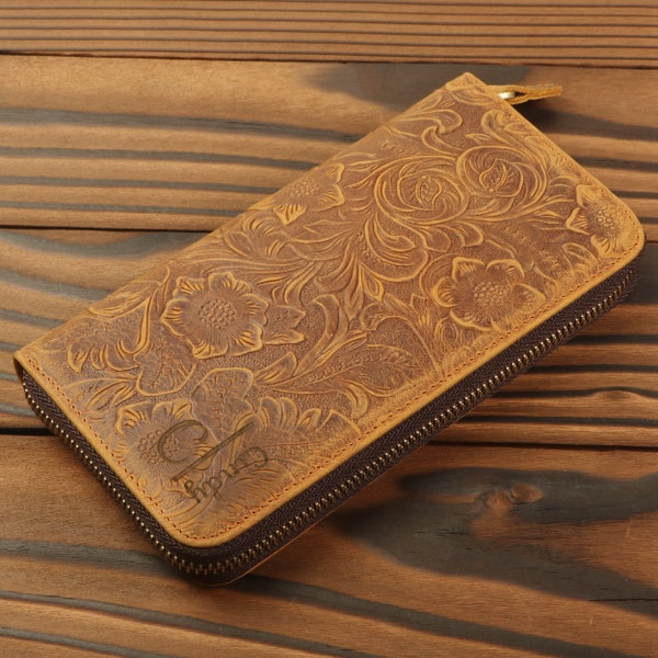 Embossed Long Wallet Fit for Phone, Wallet with String, Personalized Rustic Leather Wallets, Gift for Mom, Daughter, Women