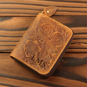 Gepersonaliseerde lederen mini-portemonnee, lederen kaartopslag, rits volnerf lederen portemonnee, cadeau voor kinderen, vader, moeder, opa, verjaardagscadeau
