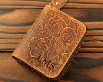 Minicartera de cuero personalizada, Almacenamiento de tarjetas de cuero, Cartera de cuero de plena flor con cremallera, Regalo para niños, Papá, Mamá, Abuelo, Regalo de cumpleaños