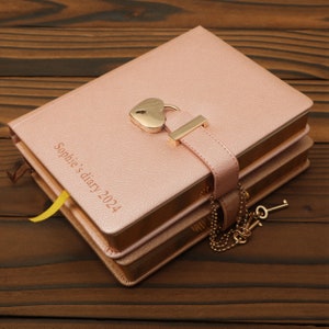 Personalized 2024 Leather Journal with Lock: Heart Lock Diary