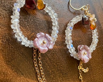 Rainbow Moonstone Earrings: 14k Gold Filled, Wampum Shell Flowers