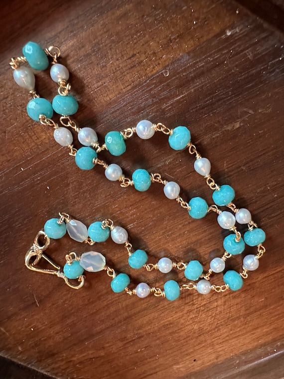 Gold Plated Amazonite Necklace with Akoya Pearls, 20 inch