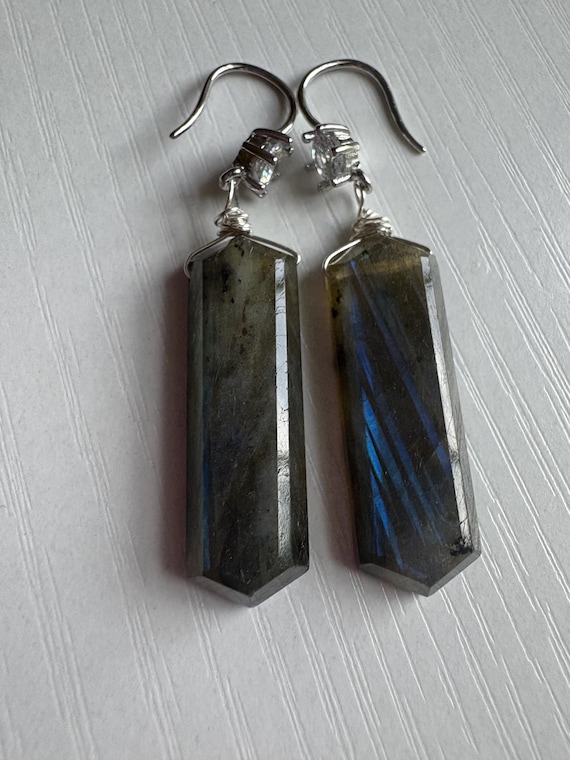 Boucles D'oreilles Pendantes Très Longues En Argent Sterling Avec Labradorites Bleues Naturelles