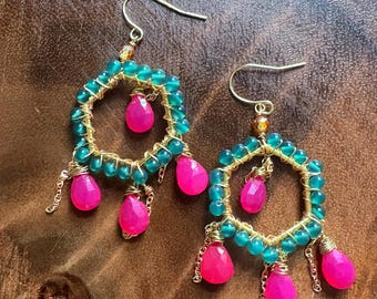 Boucles d'oreilles calcédoine, plaqué or 14 carats, onyx vert