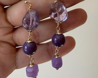 14k Gold Filled Amethyst Dangle Earrings: Lilac Quartz, Phosphosiderite