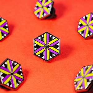 May include: A collection of 12 hexagonal pins with a geometric design in black, white, yellow, and purple. The pins are arranged in a pattern on a red background.