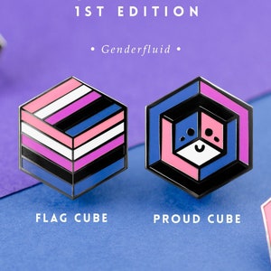May include: A set of four enamel pins featuring a genderfluid pride flag design. The pins are shaped like cubes and have a black outline. The text "LGBTQ+ LAPEL PIN SERIES PROUD CUBES 1ST EDITION" is at the top of the image. The text "Genderfluid" is in the middle of the image. The text "FLAG CUBE" is below the left pin. The text "PROUD CUBE" is below the right pin. The text "Proud Zebra WWW.PROUDZEBRA.COM" is at the bottom of the image.
