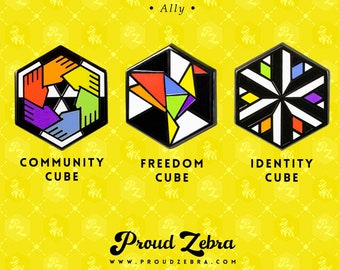 Ally Pride Enamel Pins: Community, Freedom, Identity Cubes (20x17.5x9mm)