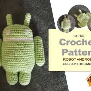 Op de afbeelding: Haakpatroon PDF-bestand voor een groene robot Android amigurumi. Het patroon is voor beginners en bevat instructies voor het haken van de robot.