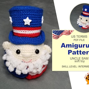 Op de afbeelding: Amigurumi haakpatroon voor Uncle Sam, een knuffel die een blauwe en rode hoed met witte sterren draagt. Het patroon is in Amerikaanse termen en is van gemiddeld niveau.