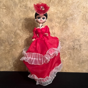 Vintage 1970’s Bradley Big Eyed/Boudoir/Stockinette/Southern Belle Doll in Red Dress
