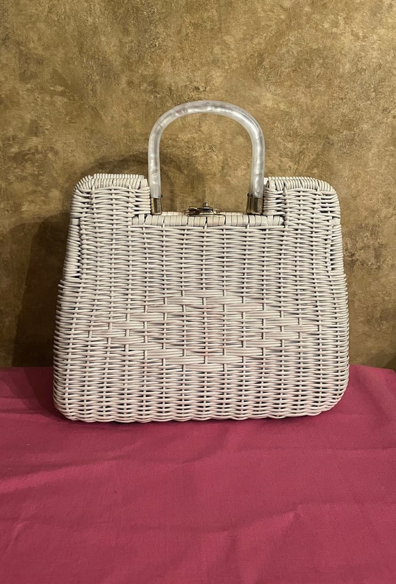 Vintage White Coated Wicker Footed Purse/Handbag w