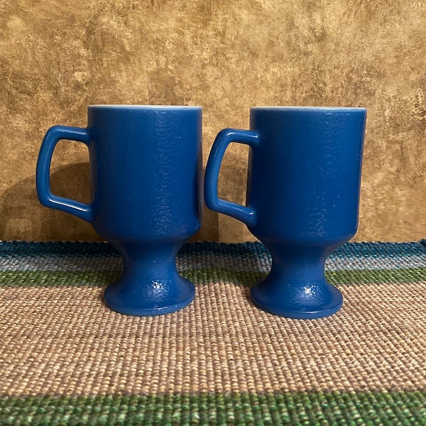 Vintage Fired On Blue Textured/Pebbled/Orange Peel Milk Glass Pedestal Mugs Set of 2