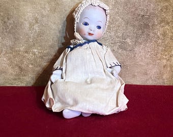 Vintage Bisque Porcelain 6” Doll in Cotton Gown and Crocheted Cap