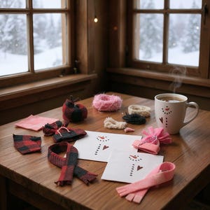 May include: A winter-themed arrangement featuring a mug of coffee and handmade crafts. Items include a red and black plaid scarf, a pink scarf, a pink hat, and snowman cards. The scene is set on a wooden table near a window with a snowy view.