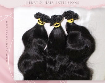 Jet Black Wavy Hair Extensions Keratin Hair Extensions  100% Remy Human Hair