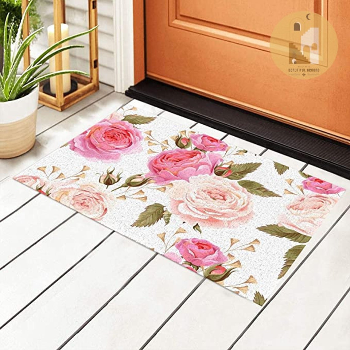 Pink And White Rose Entrance Doormat Waterproof Pvc Etsy