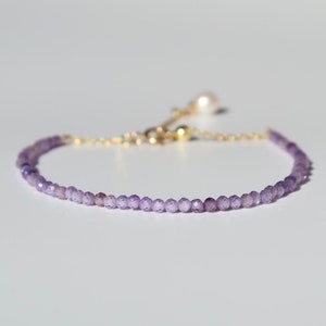 Super Sparkling Delicate Tiny Purple Beads Bracelet, Thin 2mm Cubic Zirconia Bracelet With Pearl Drop, Handmade Dainty Stacking Bracelet