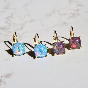 SALE Minimalist Fire Opal Gold Huggie Hoop Earrings, Blue Opal Red Opal White Opal Large Square Sterling Silver Earrings, Gifts For Her image 6