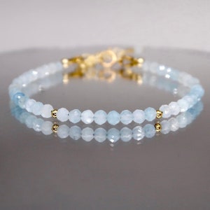 Minimalist 3mm Aquamarine Bracelet, Genuine Aquamarine Gemstone Bracelet, Gold or Silver Filled Stacking Bracelet, March Birthstone Bracelet
