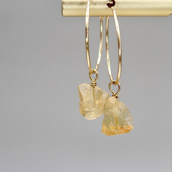Dainty Raw Citrine Hoop Earrings, Minimal Gold Filled 8-10mm Natural Citrine Crystal Earrings, November Birthstone Handmade Gemstone Jewelry